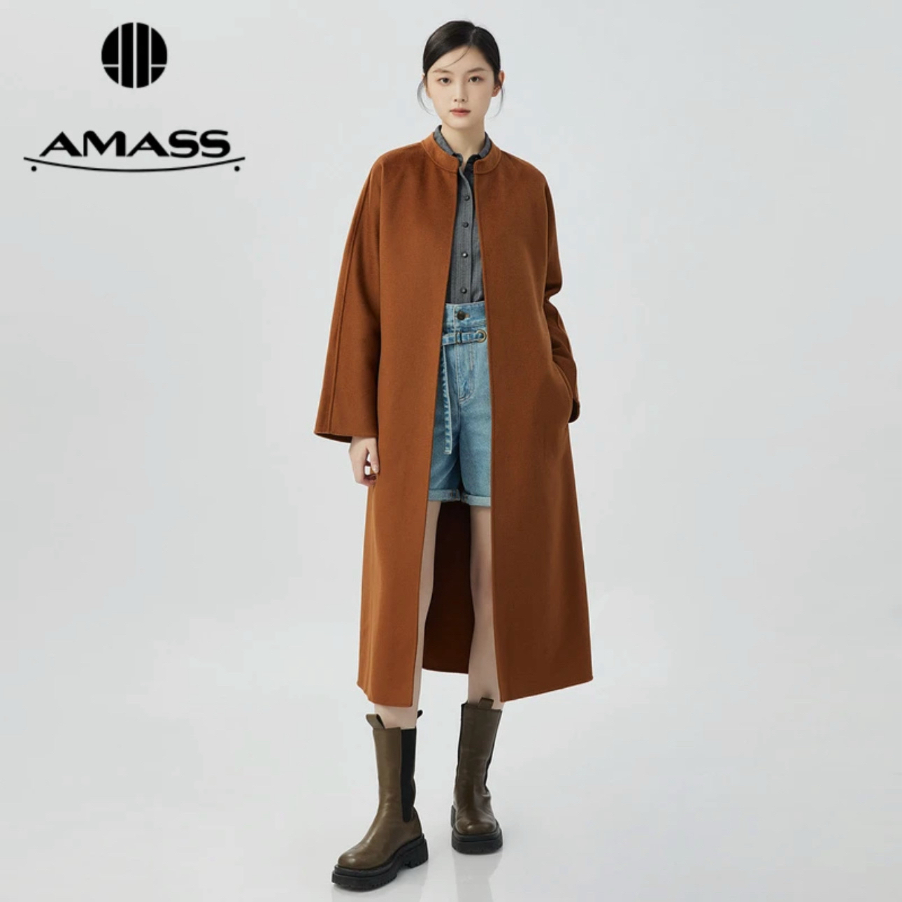 【阿玛施AMASS】 国标领无扣长款大衣6400009