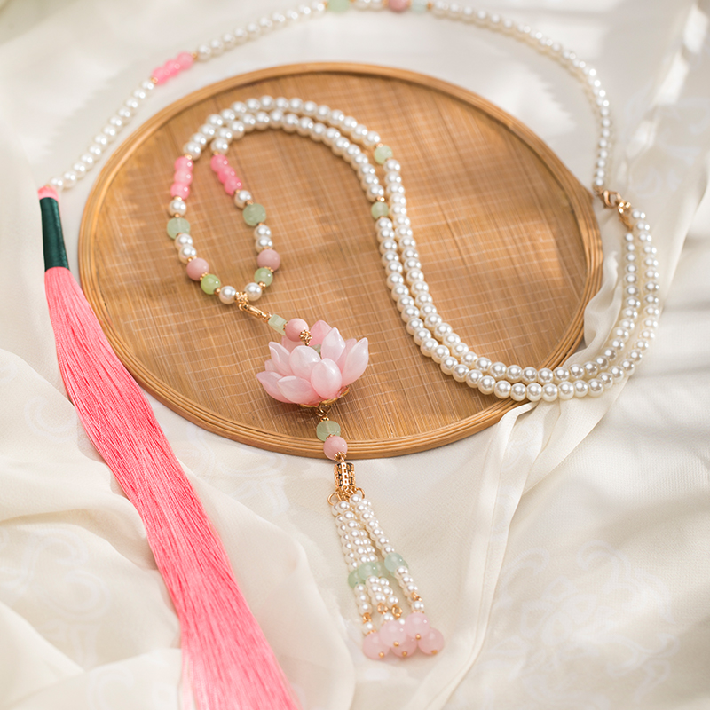 粉色荷花长璎珞背云流苏国风马面裙配饰