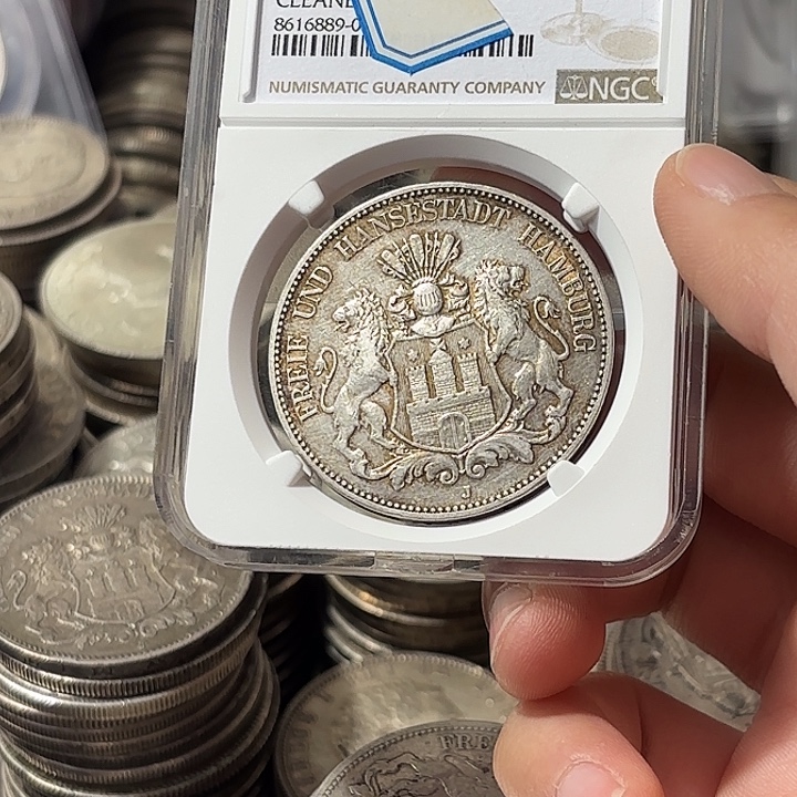 用***6银Ag900德国汉堡双狮五马克大银币