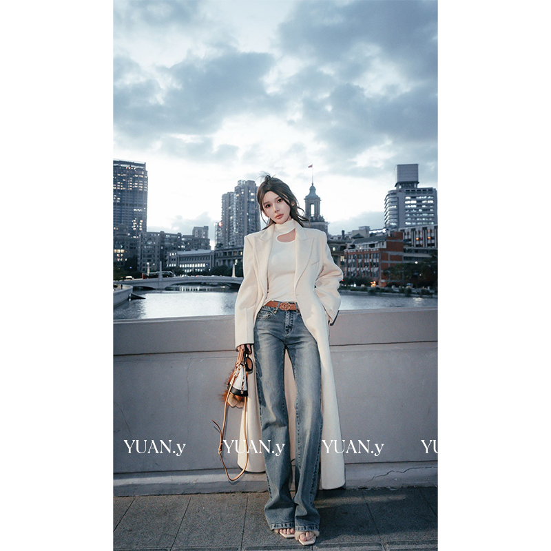 媛媛【行走爱丁堡】白色羊毛羊绒大衣女秋冬新款呢子外套#DY0163