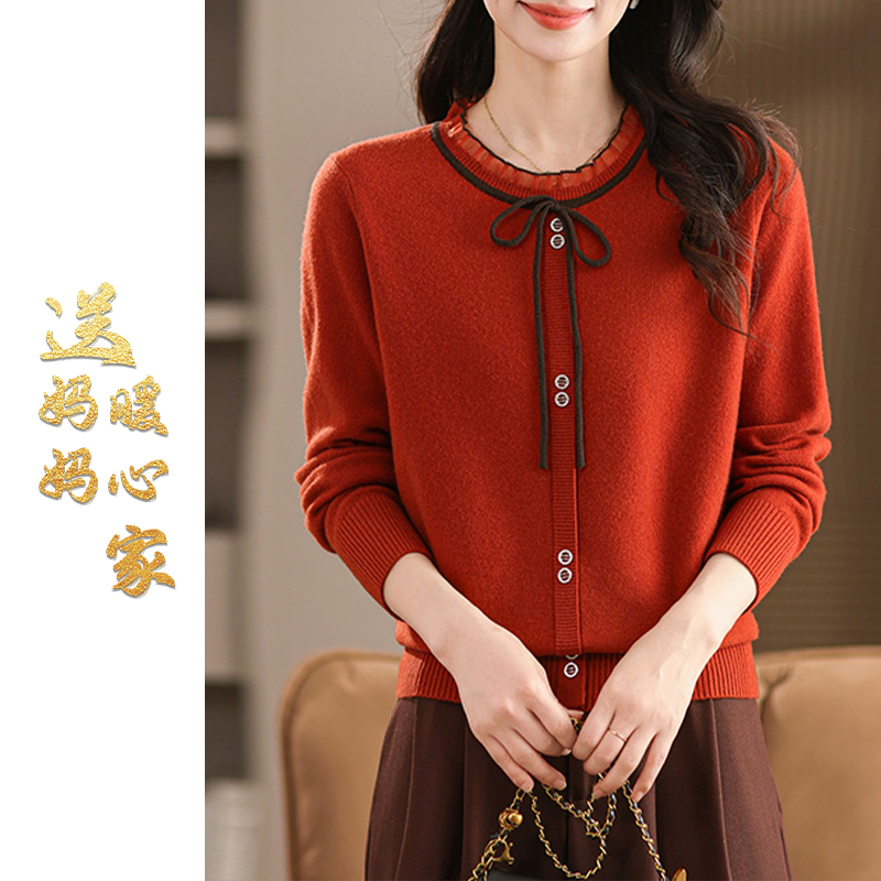 2025年秋季圆领系带长袖针织衫女宽松中年妈妈装毛衣短款上衣内搭