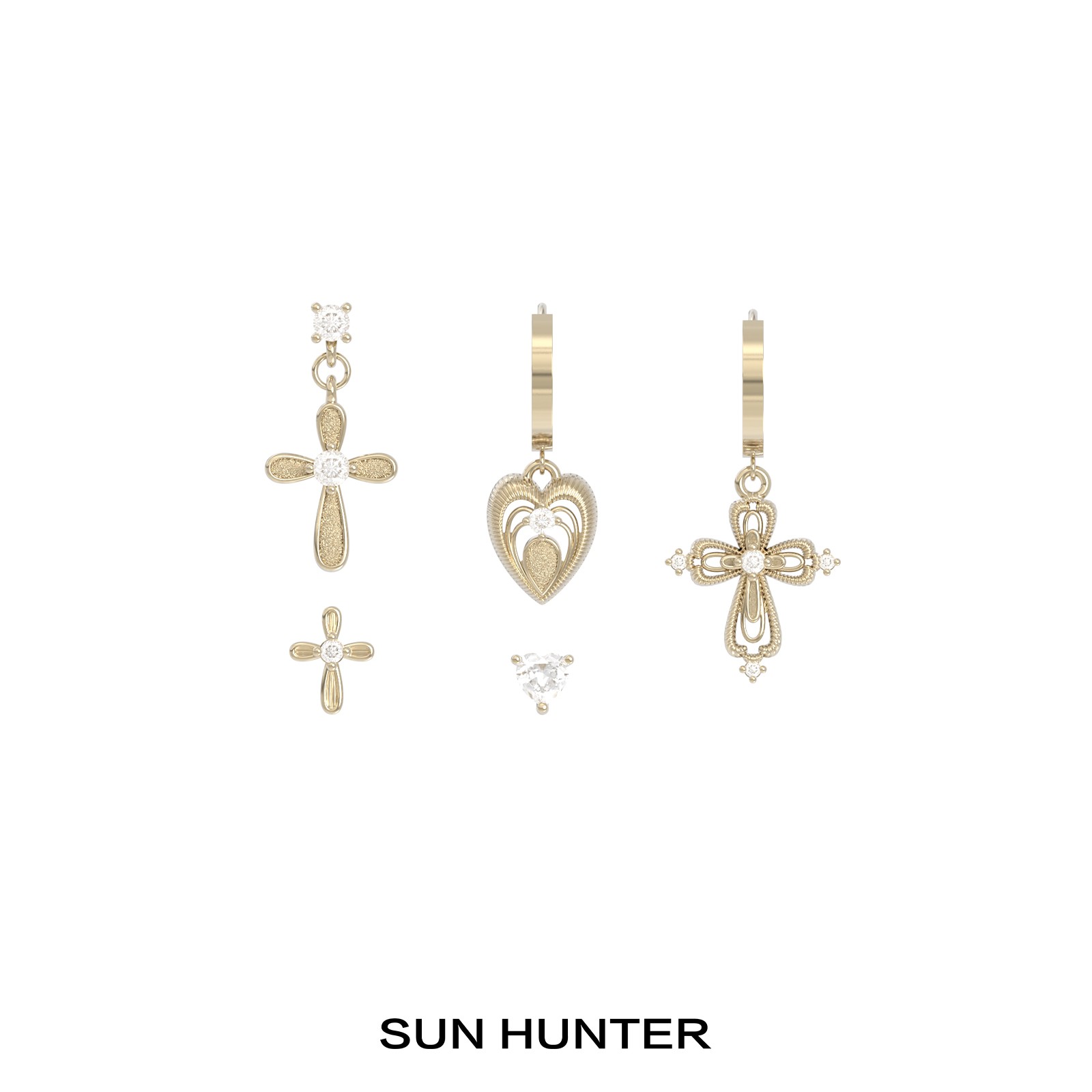 铜合金耳饰 三横SUN HUNTER「蕾丝微光」原创十字架/爱心耳饰