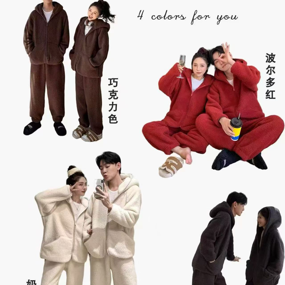 （衣长70裤长99）连帽拉链羊羔绒加厚加绒保暖情侣冬季家居服套装
