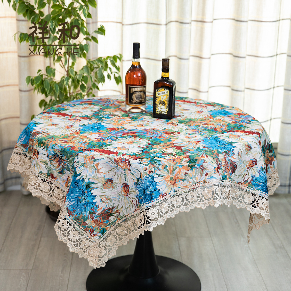 C007-10棉麻（150CM方）油画花卉蕾丝盖巾