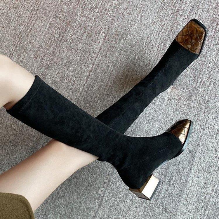 【品牌撤柜】欧洲站2024秋冬弹力靴方头高筒时装靴女中跟拼接膝下靴