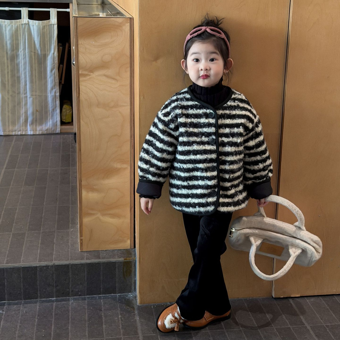 小粉象 ·女童2025冬季新款韩版条纹夹棉外套洋气加绒喇叭裤套装