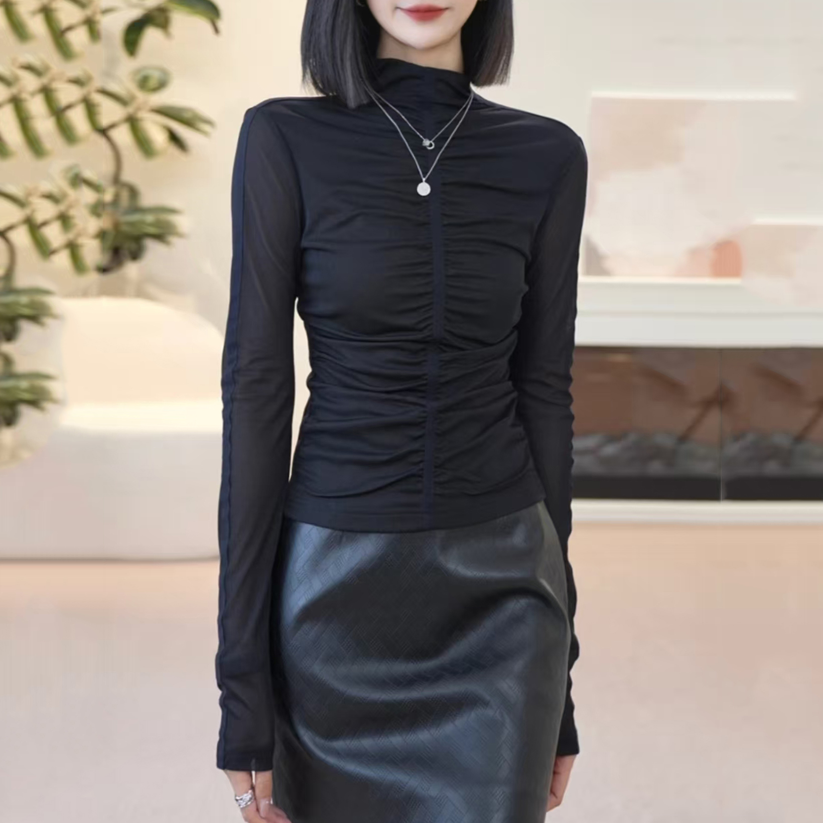 【商场同款】2025秋季新款半高领褶皱网纱长袖t恤女打底纱衣130101