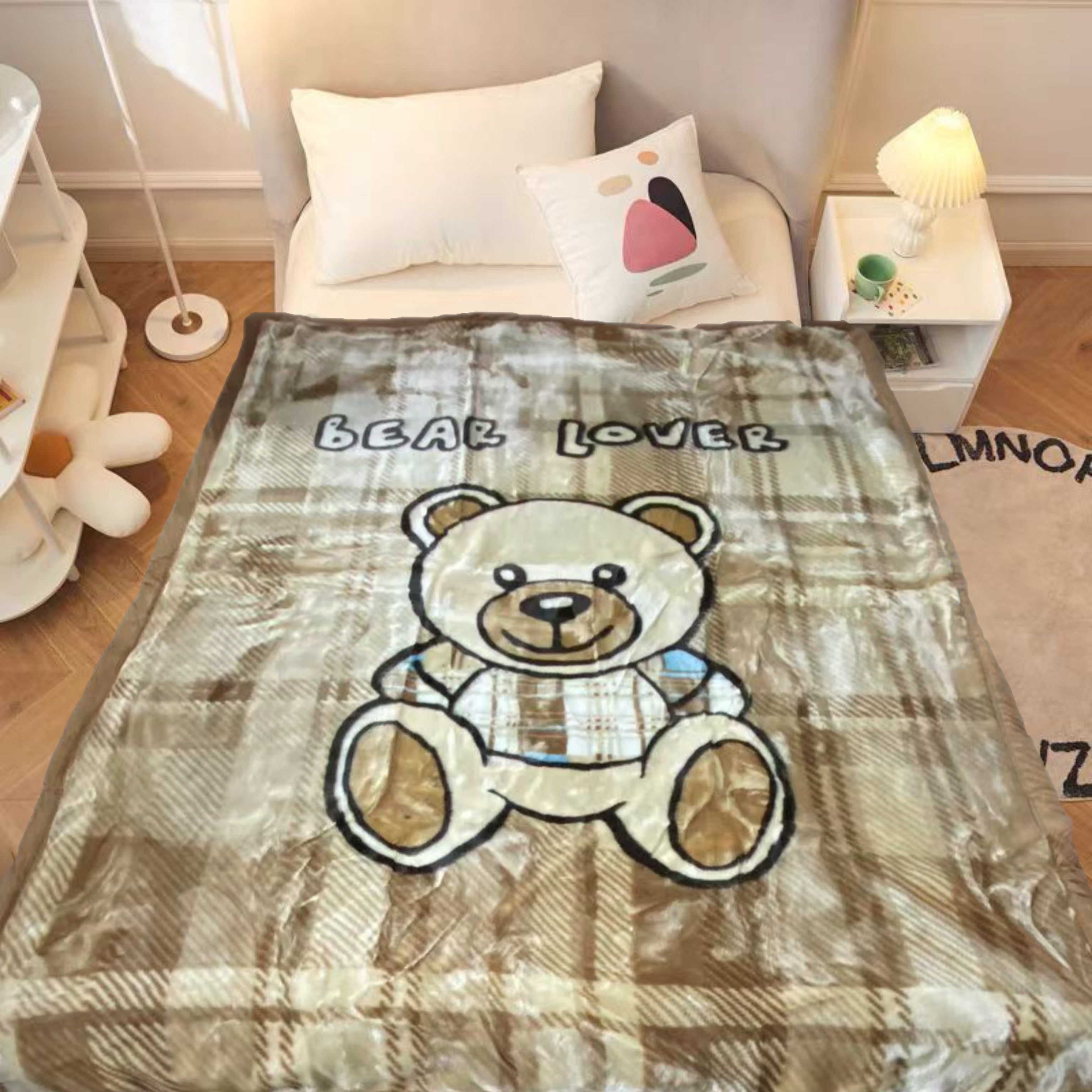 150*200cm 棕色格子玩偶熊 双层 盖毯午睡毯多功能加厚绒毛毯