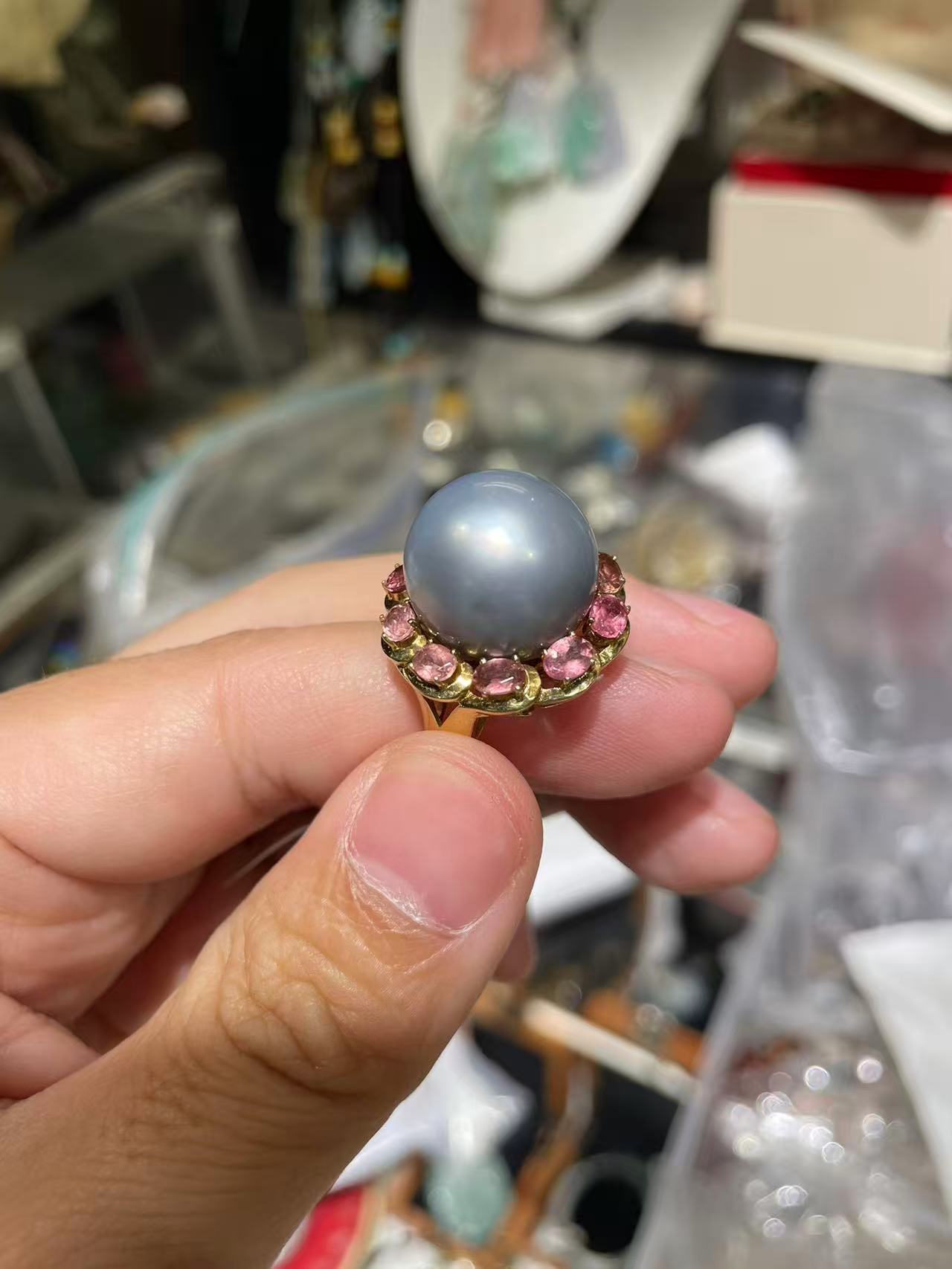 天然海水珍珠大溪地铂金灰18K金镶嵌戒指