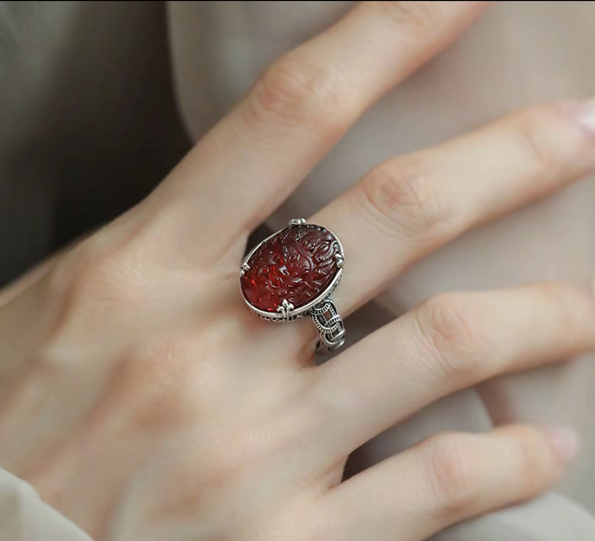 925银戒指 黄财铜钱镂空叠口银戒指新中式复古风格