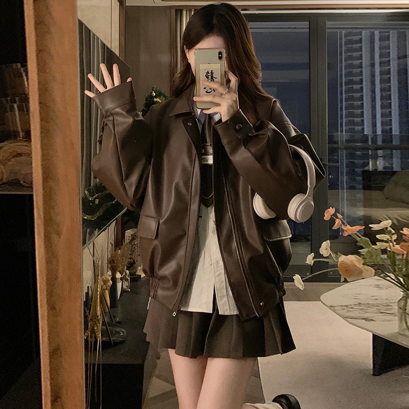 爆款皮衣短外套宽松刺绣外套女机车夹克加绒加厚秋冬女上衣服装