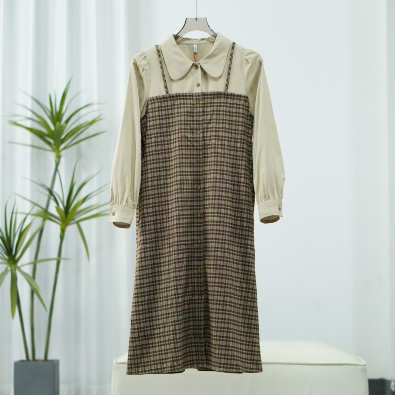 【诗M】E101  春秋假两件拼接格子连衣裙咖色2581273