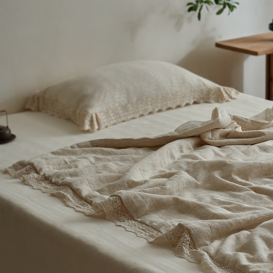 法式田园/全棉20%亚麻提花纯棉夏凉被蕾丝边空调被棉麻夏被四件套