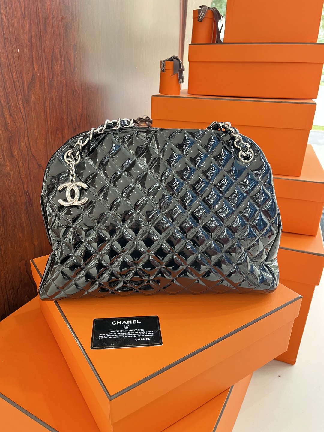 90新 Chanel/香奈儿 黑色漆皮银扣 保龄球链条包单肩包 17开 