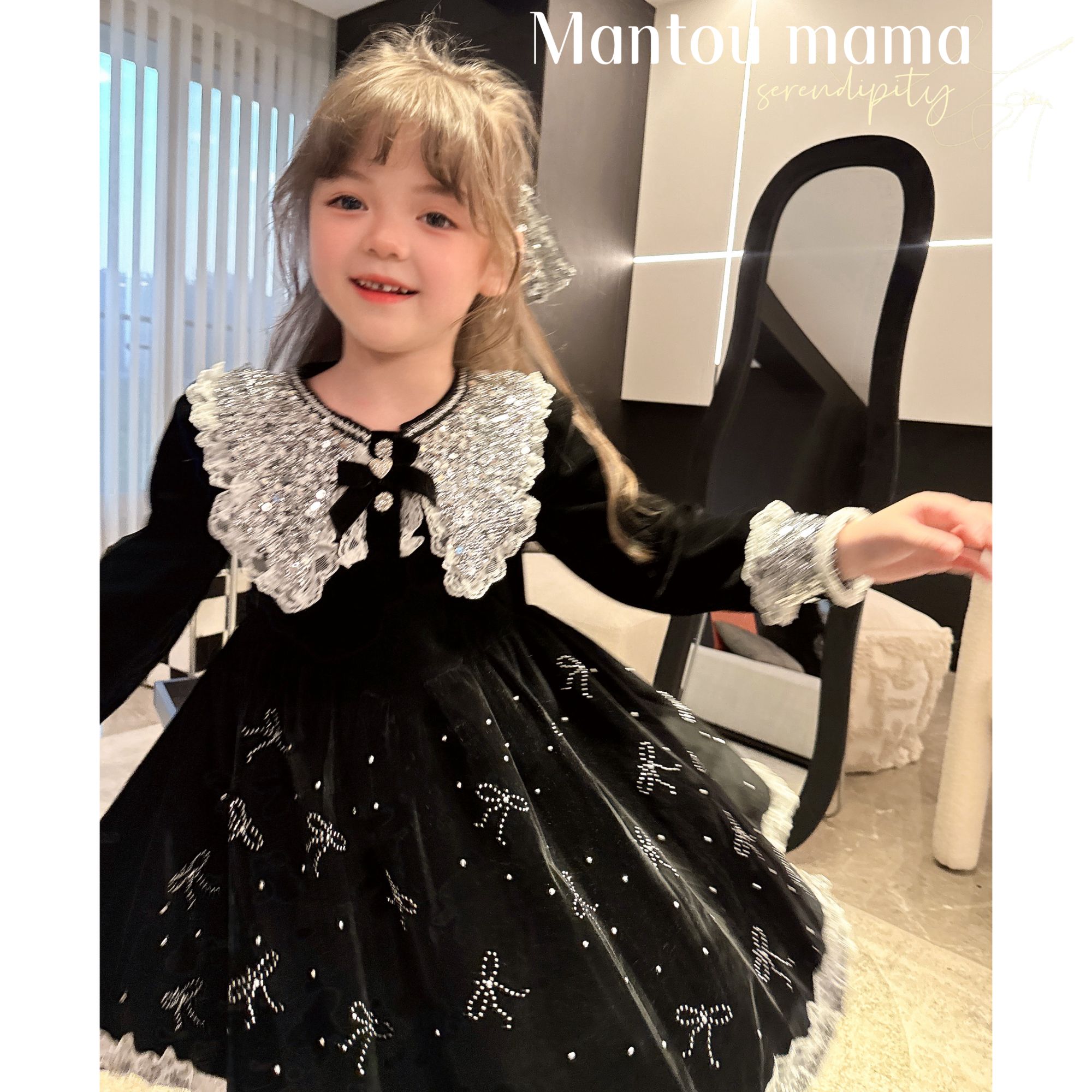 【Mantoumama】K【新款】复古亮片蝴蝶结公主裙女童冬季洋气（汉服）