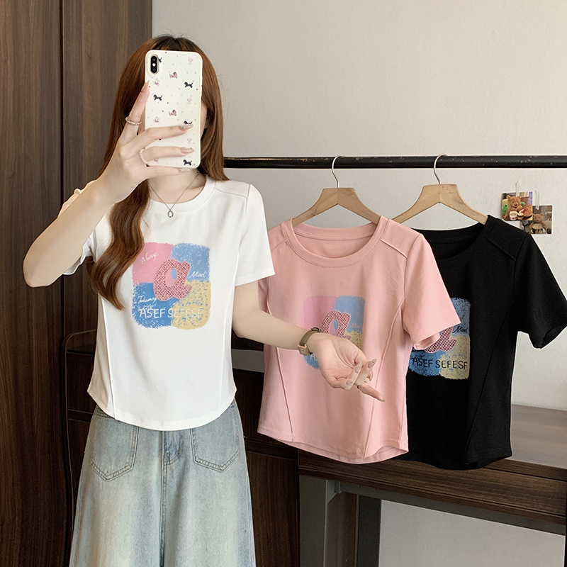 大码胖mm设计感显瘦减龄印花圆领T恤女夏季新款韩系百搭遮肉上衣