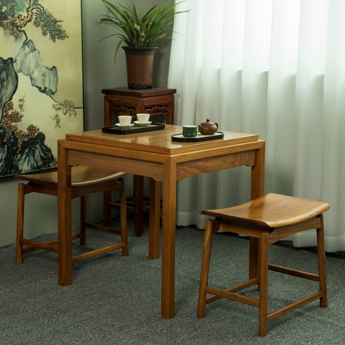 实木阳台方茶桌榫卯结构储物桌面可推拉方桌小户型茶桌功夫茶台