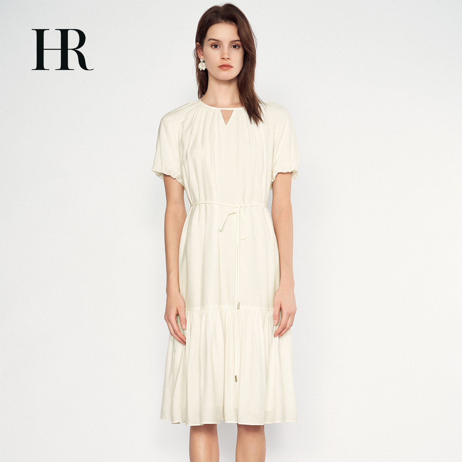 【HR赫莲娜】法式泡泡袖连衣裙春夏懒惰度假风荷叶边褶皱裙子-小小