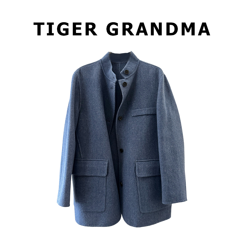 2510【蓝染新裁】复古新时尚-牛仔蓝小立领中长款羊毛双面呢外套