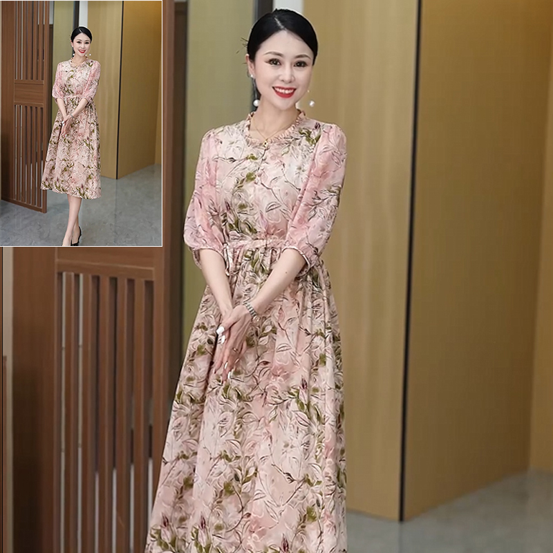 收腰中长裙妈妈连衣裙女宽松显瘦遮肚子洋气2025女士连衣裙新款