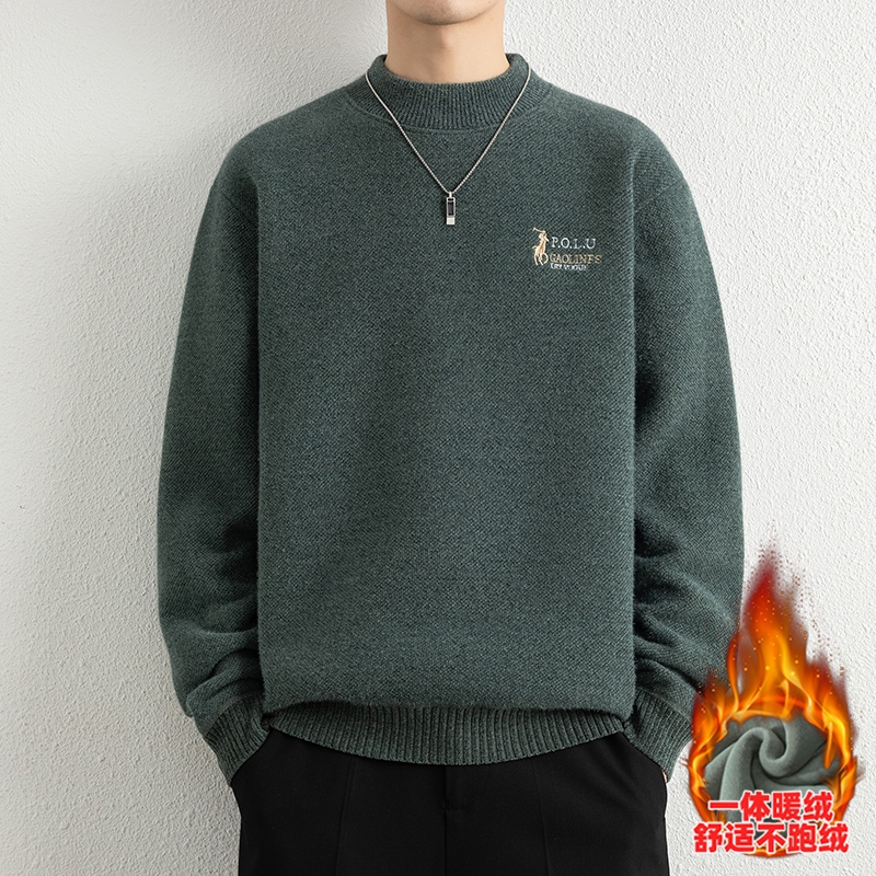 加绒毛衣男厚款冬季一体绒半高领保暖上衣打底衫休闲宽松针织衫