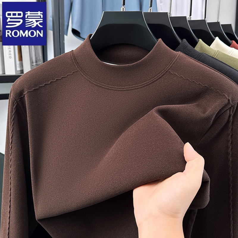 罗蒙时尚中青年纯色条纹德绒长袖卫衣秋冬季立领套头男士打底上衣
