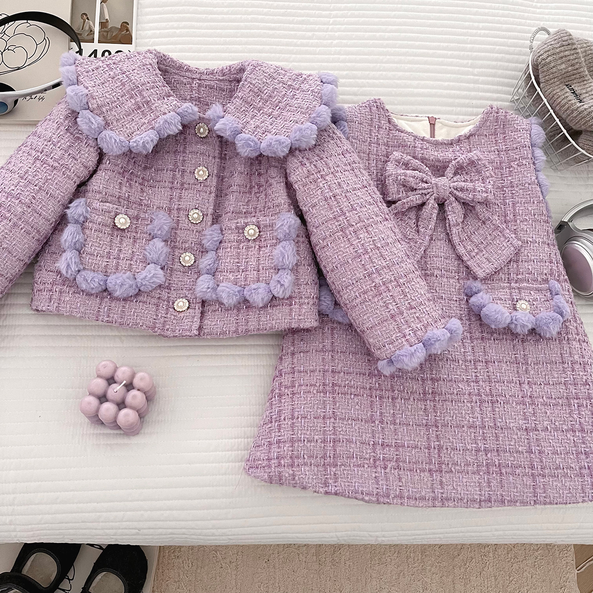 女童冬季新中式印花蝴蝶结毛领长袖外套上衣微喇裤套装DA30808