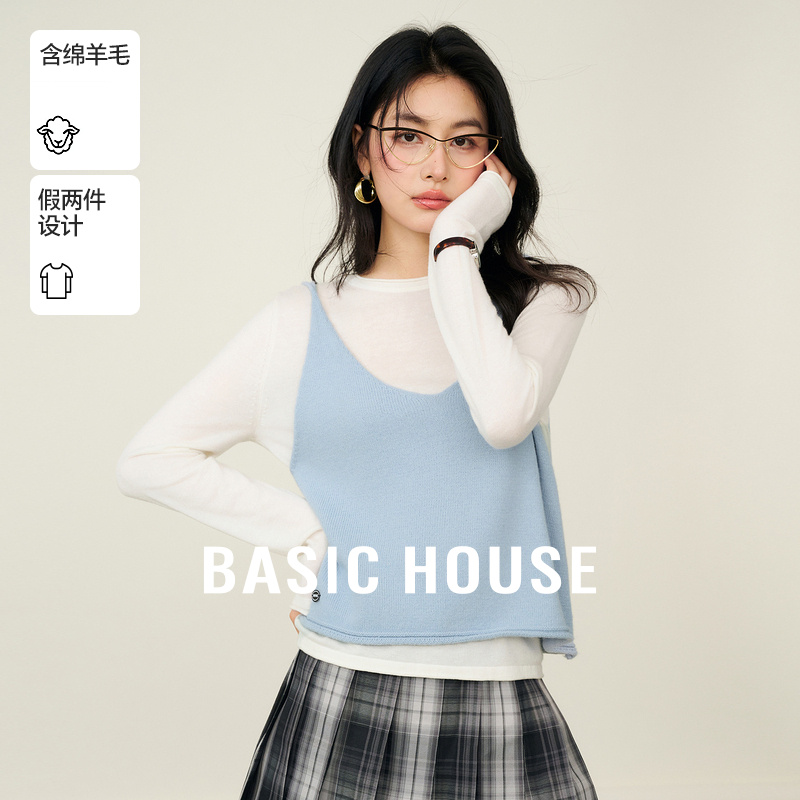Basic House/百家好秋季假两件欧若风百搭针织衫毛衣-B0625H5C282