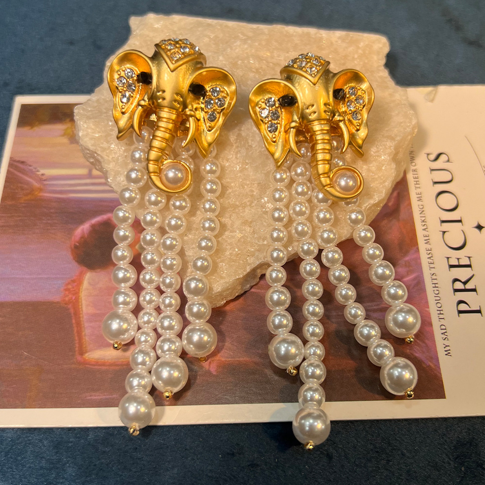 铜合金亚克力耳饰 中古大象流苏耳坠 