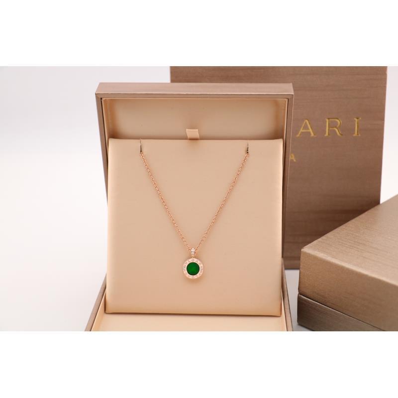 99新 BVLGARI/宝格丽   18k玫瑰金双面翡翠满钻小圆饼项链