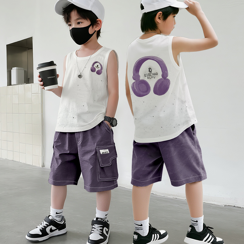 简洁休闲百搭背心童装透气夏季无袖男宝宝圆领薄款套装简约闪银潮