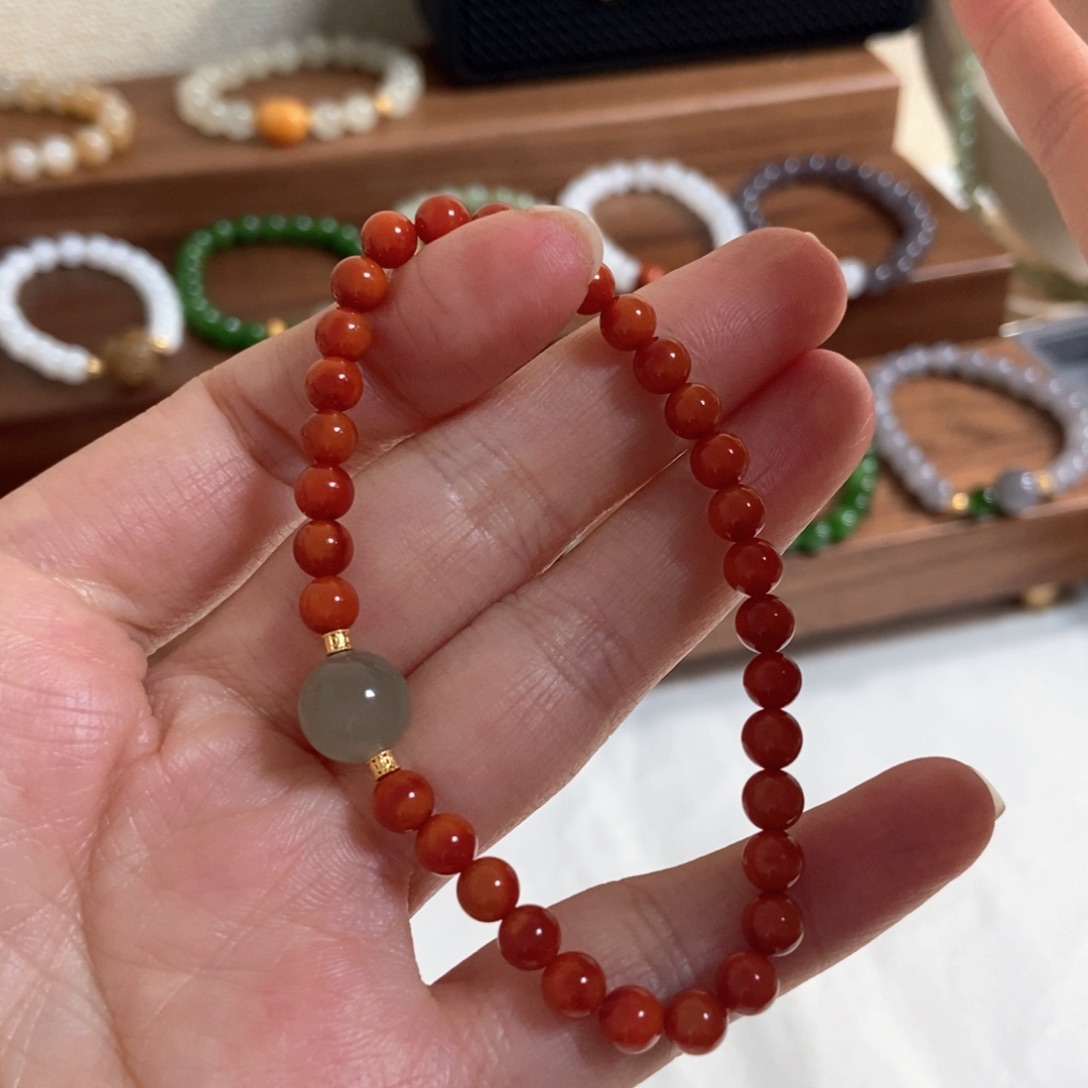 南红玛瑙手链银S925镶嵌5mm南红