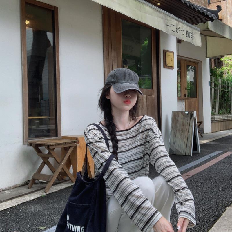 【设计师】防晒条纹长袖T恤女秋季2025新款休闲宽松复古0010