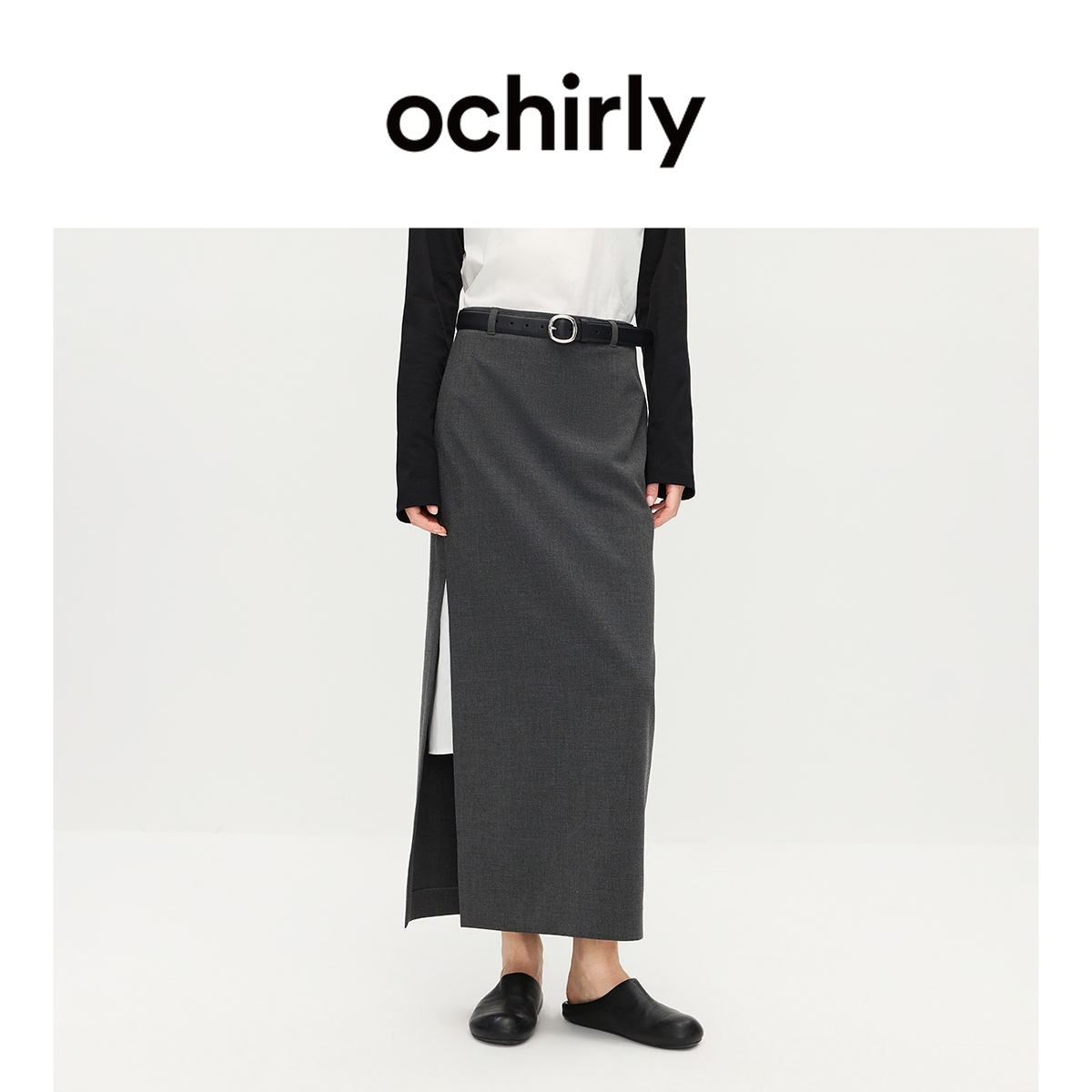 OCHIRLY欧时力 直筒半身裙中长款开衩通勤搭配内衬2025秋季新品