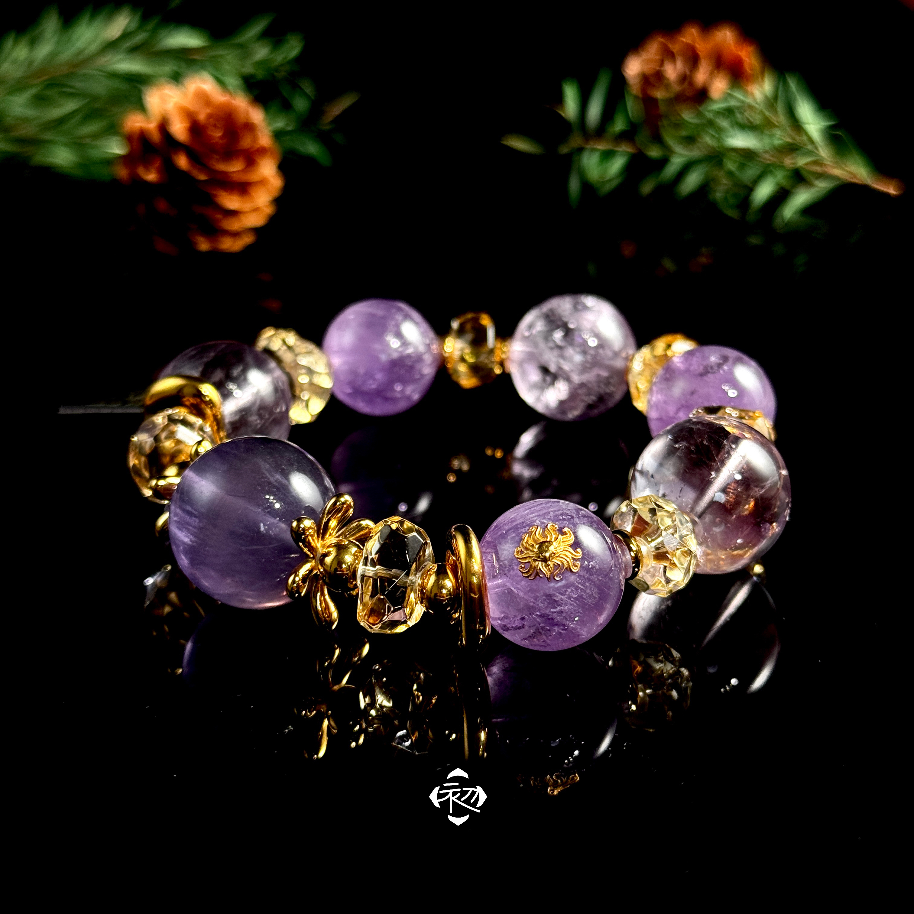 F674Z「创慧·盈薪」九尾狐 紫兔毛 紫阿塞 黄水晶 手串