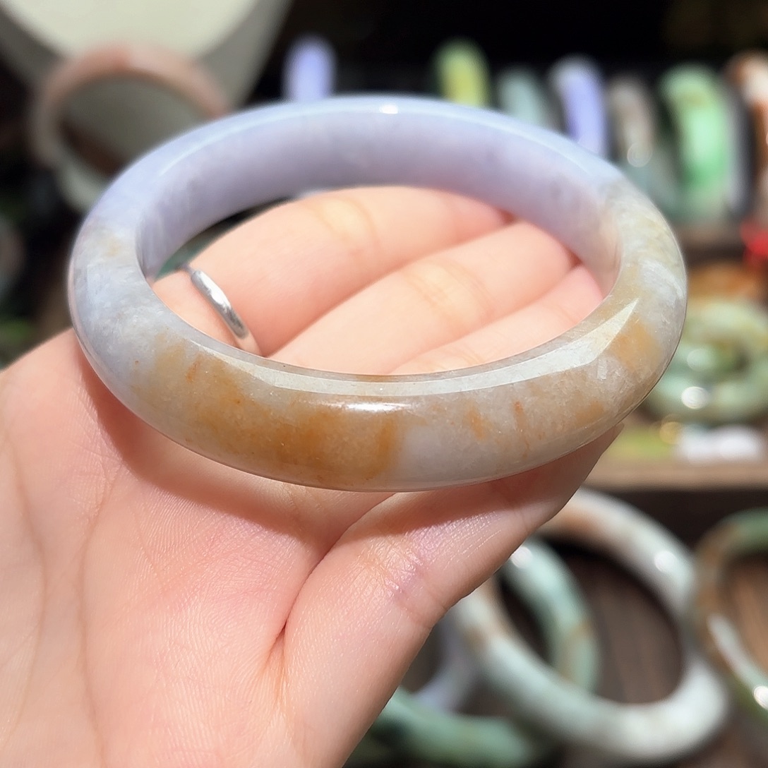 翡翠手镯未镶嵌正圈半山半水蓝紫飘桂花糕翡翠手镯