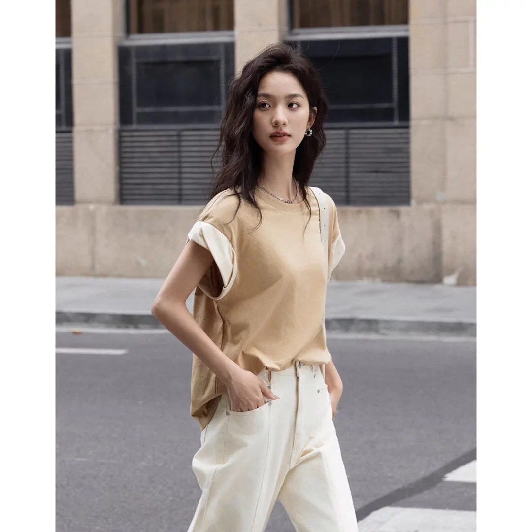 柚子家【舒适简约风撞色短袖】夏款圆领花苞袖设计小众T恤女