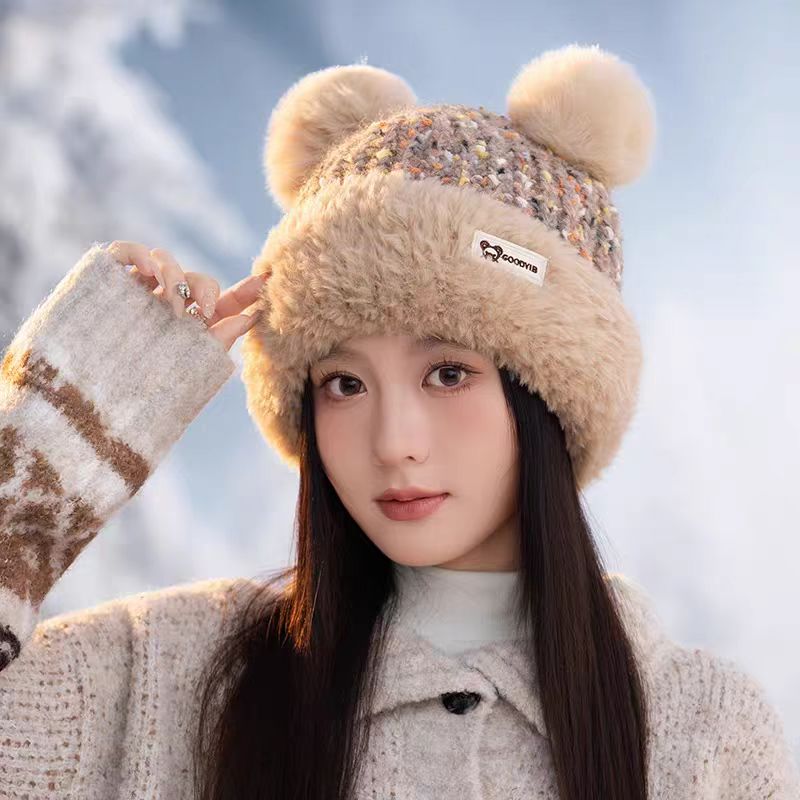 秋冬冬季帽子复古毛球护耳加绒毛线帽百搭针织保暖帽