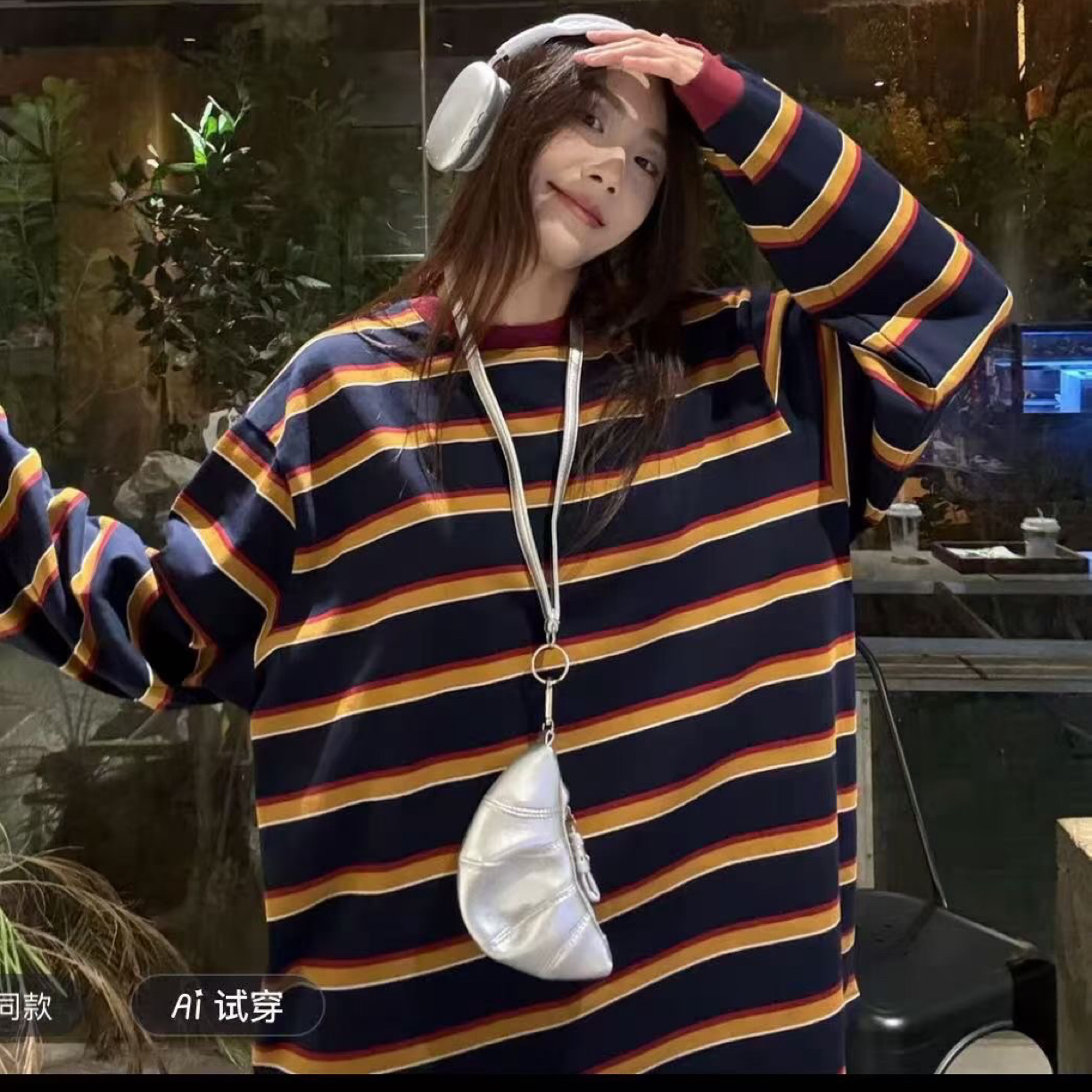 9279条纹蓝色条纹显瘦T恤欧式宽松长袖梦幻风圆领中长款