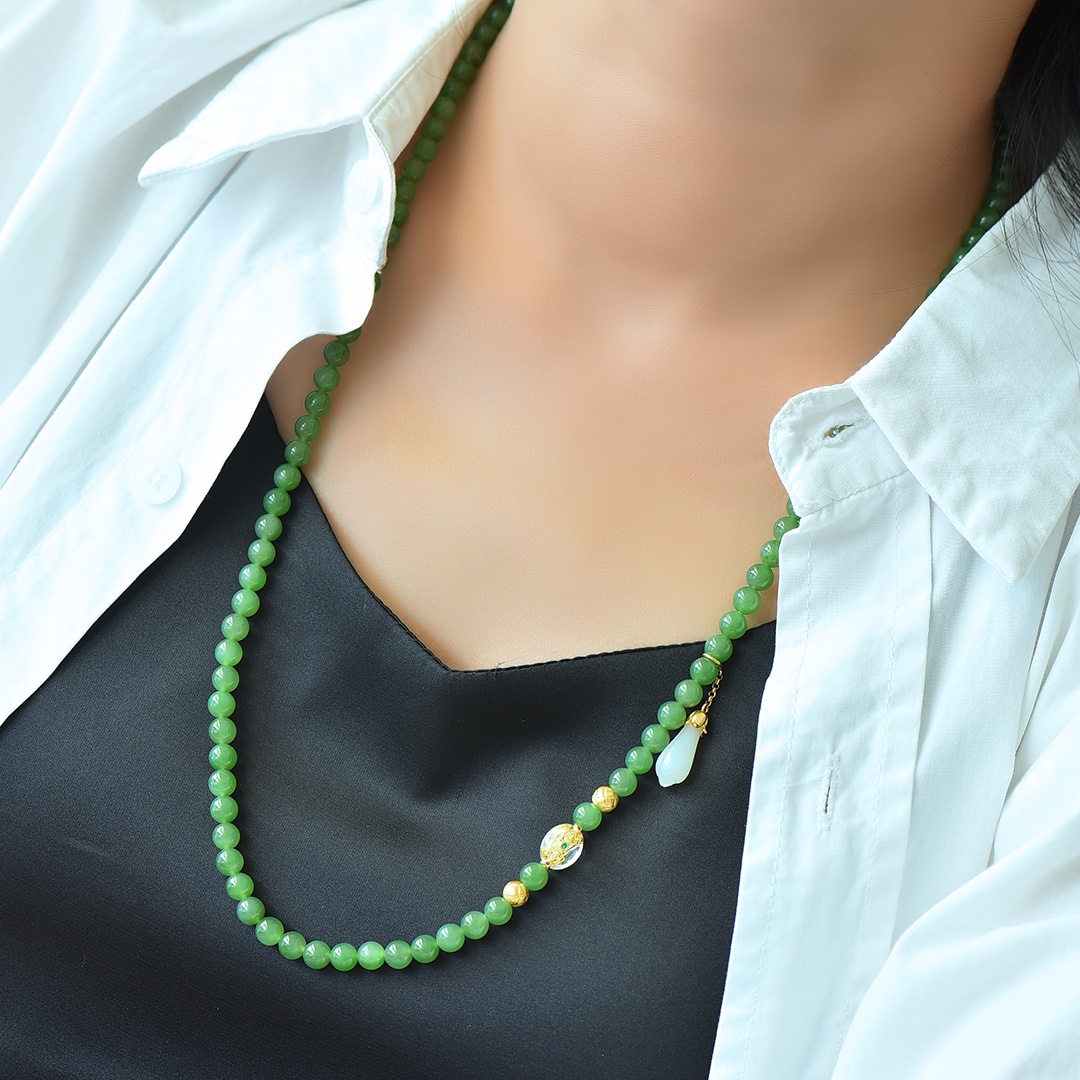 6mm和田碧玉手工原创国潮项链 白玉玉兰花典雅10272