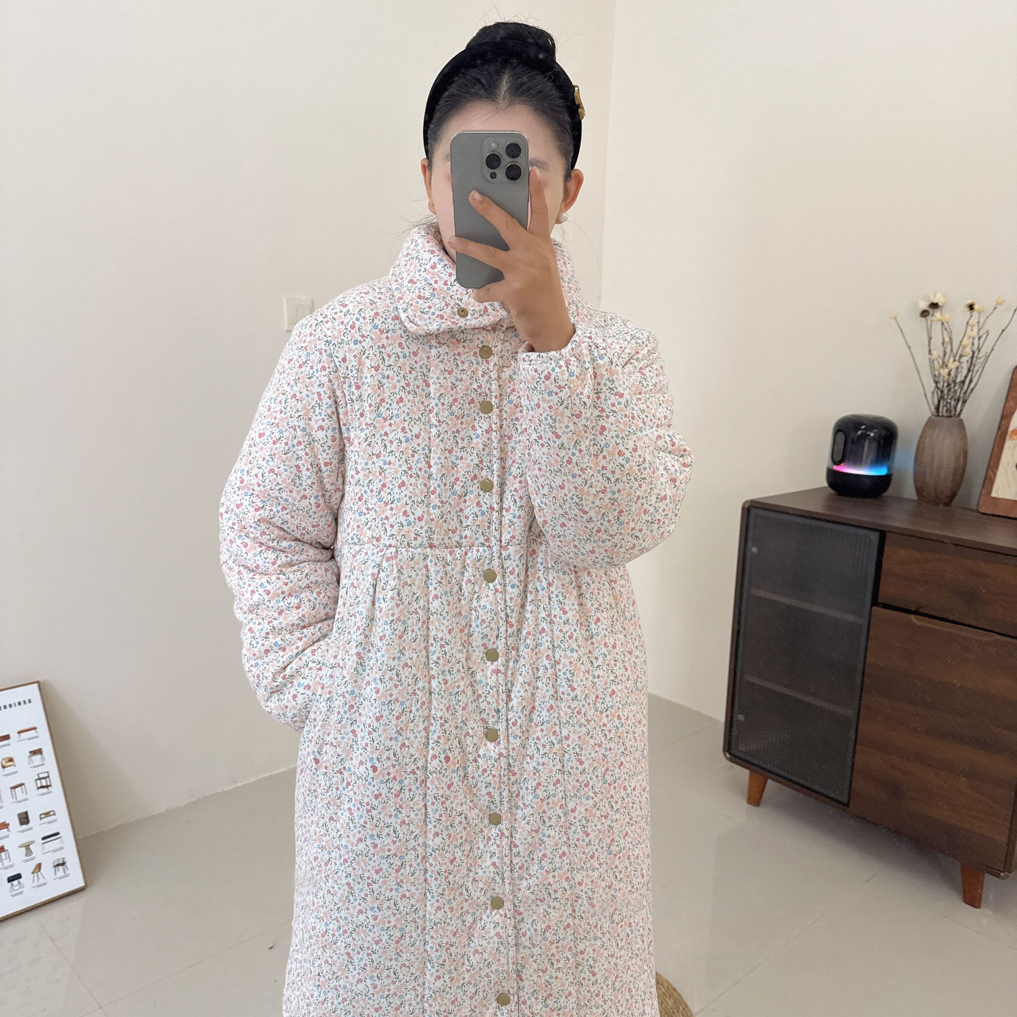 新疆棉棉花衣【粉桃碎花】立领A版大长款保暖宽松家居服棉花