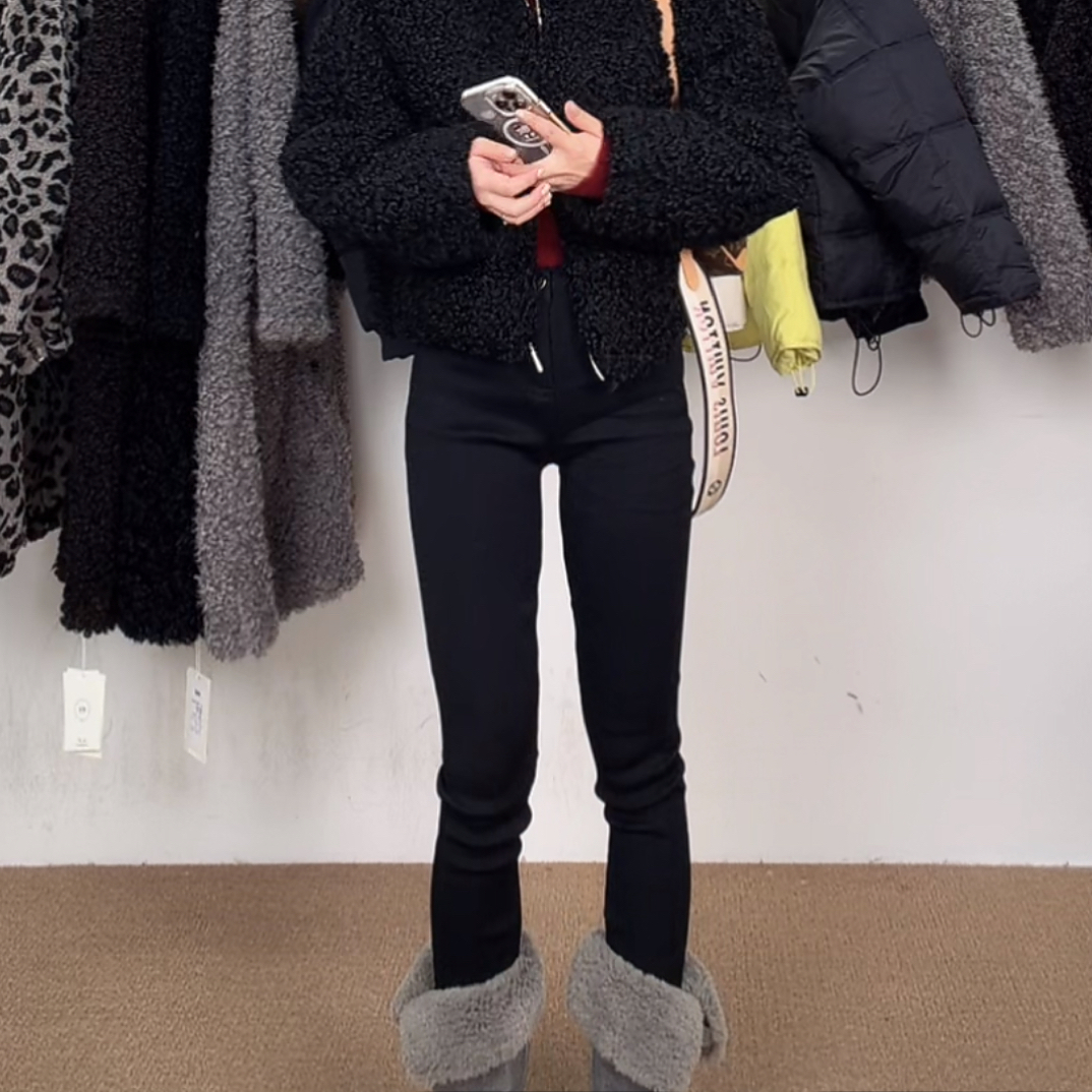 YanJie臻选·冬季新款加绒高腰小脚裤黑色铅笔裤1815