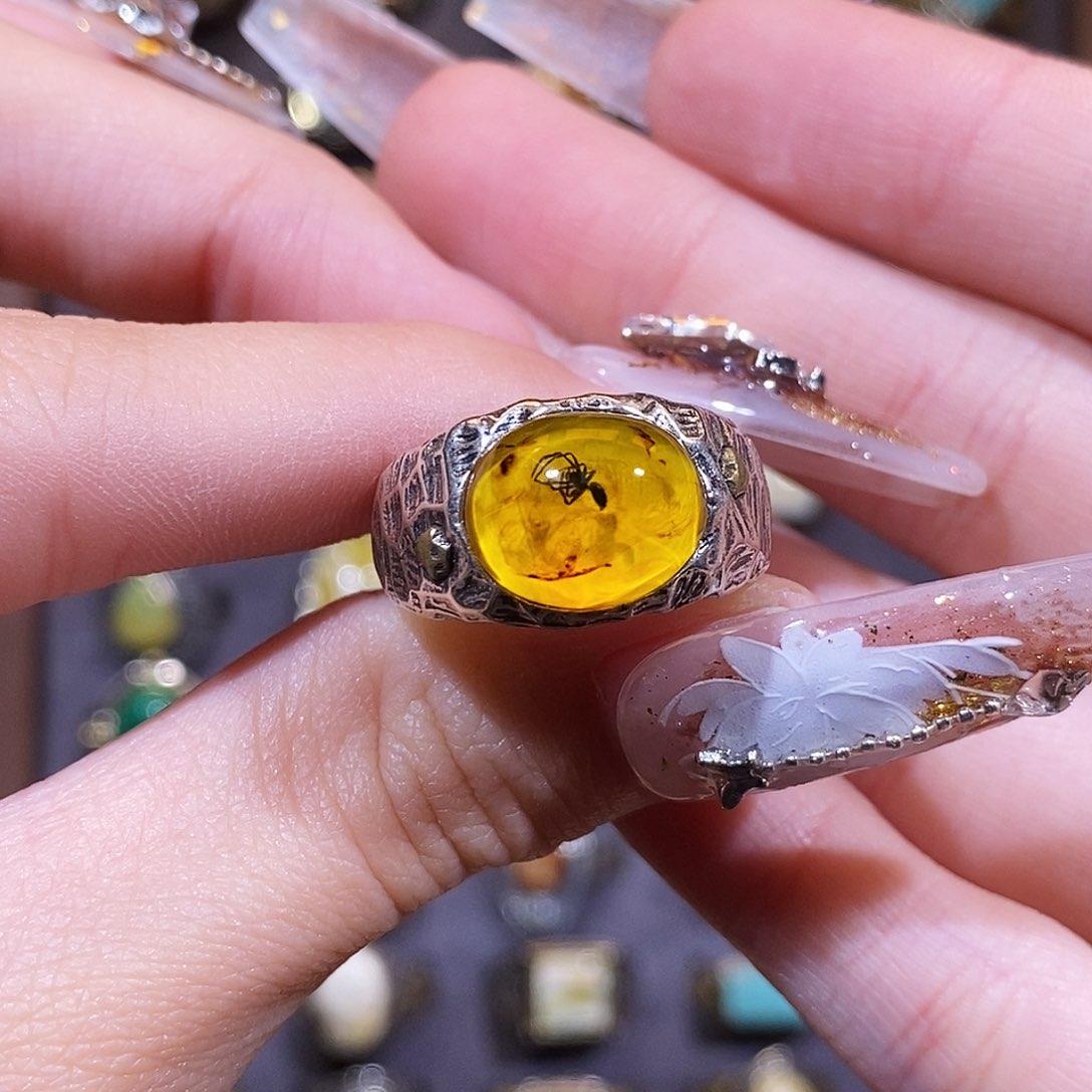 虫珀戒指银S925镶嵌纯*·戒指