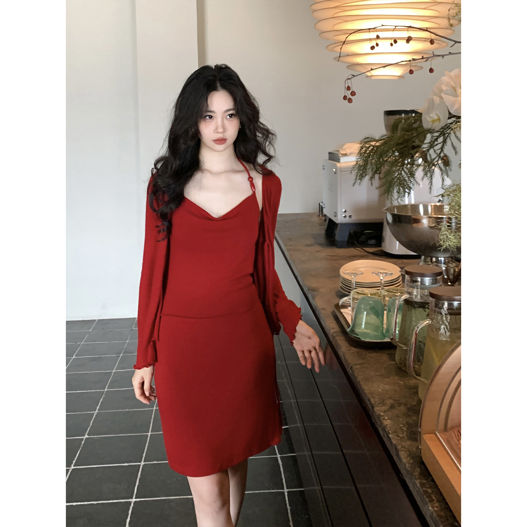 SYT自制 时髦吊带绑带三件套连衣裙女2025秋季新款开衫显瘦长裙子