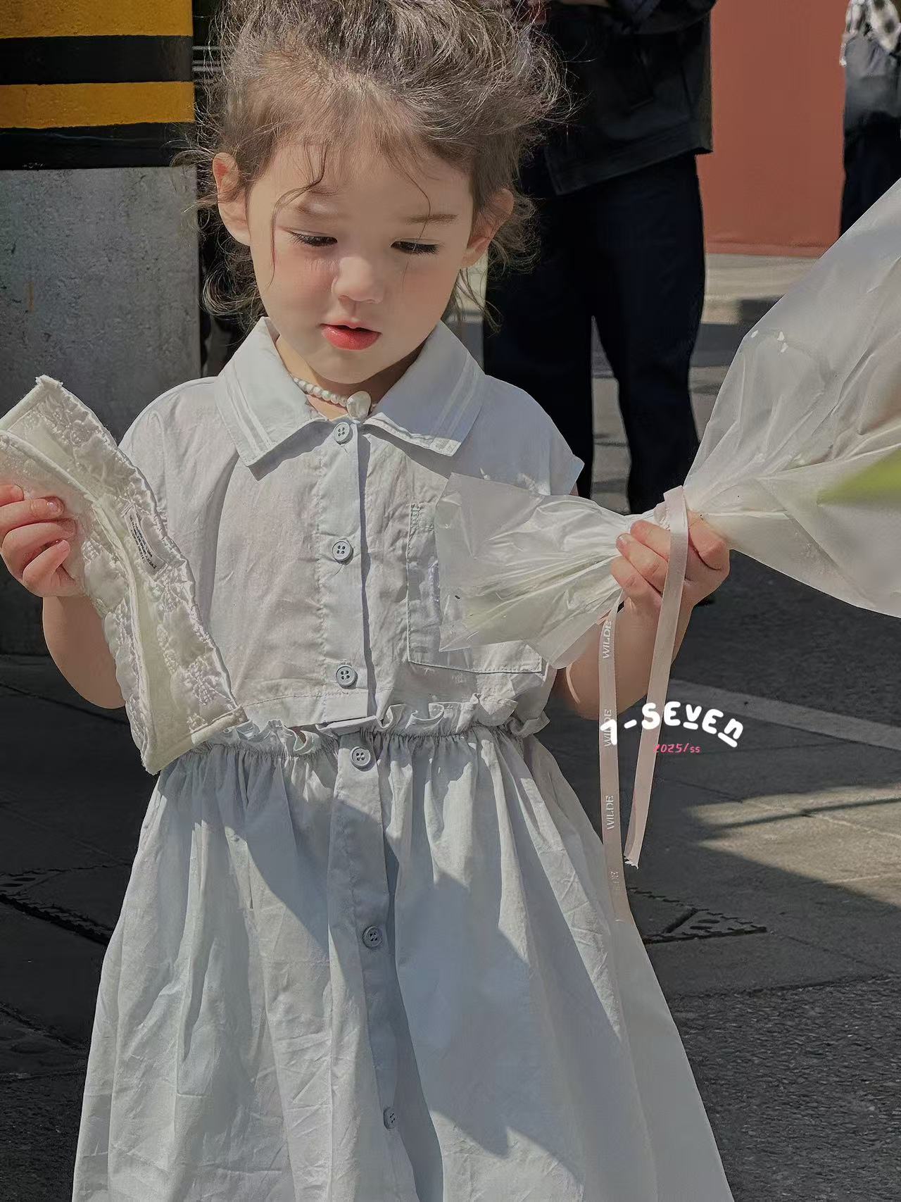 7seven 8999女童2025夏季蓝色全棉连衣裙洋气镂空裙