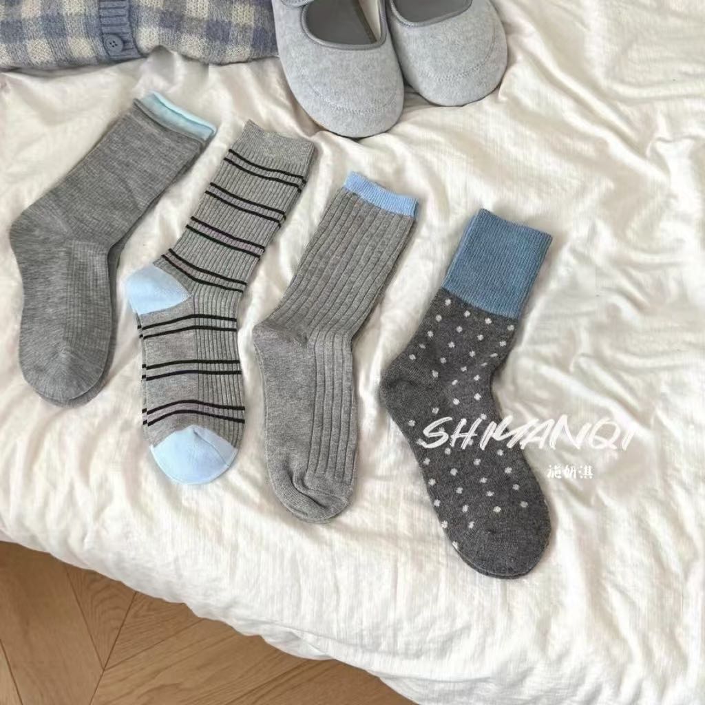 【4双装】近日爱穿！"清冷灰蓝调"韩国ins时尚组合中筒袜-445