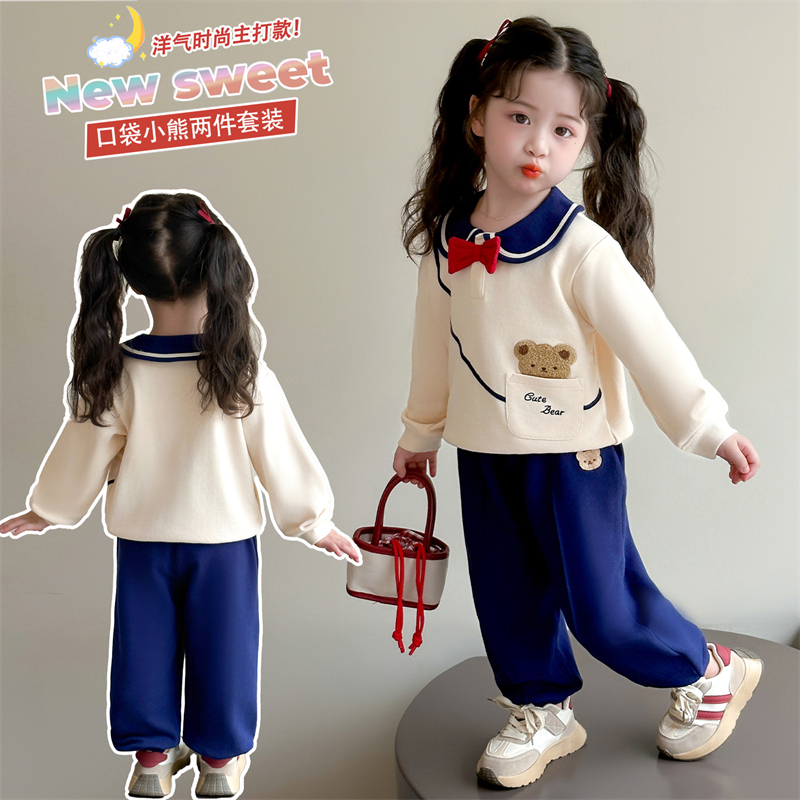 女童套装2025新款海军卫衣宝宝卡通洋气春秋休闲儿童中小童两件套