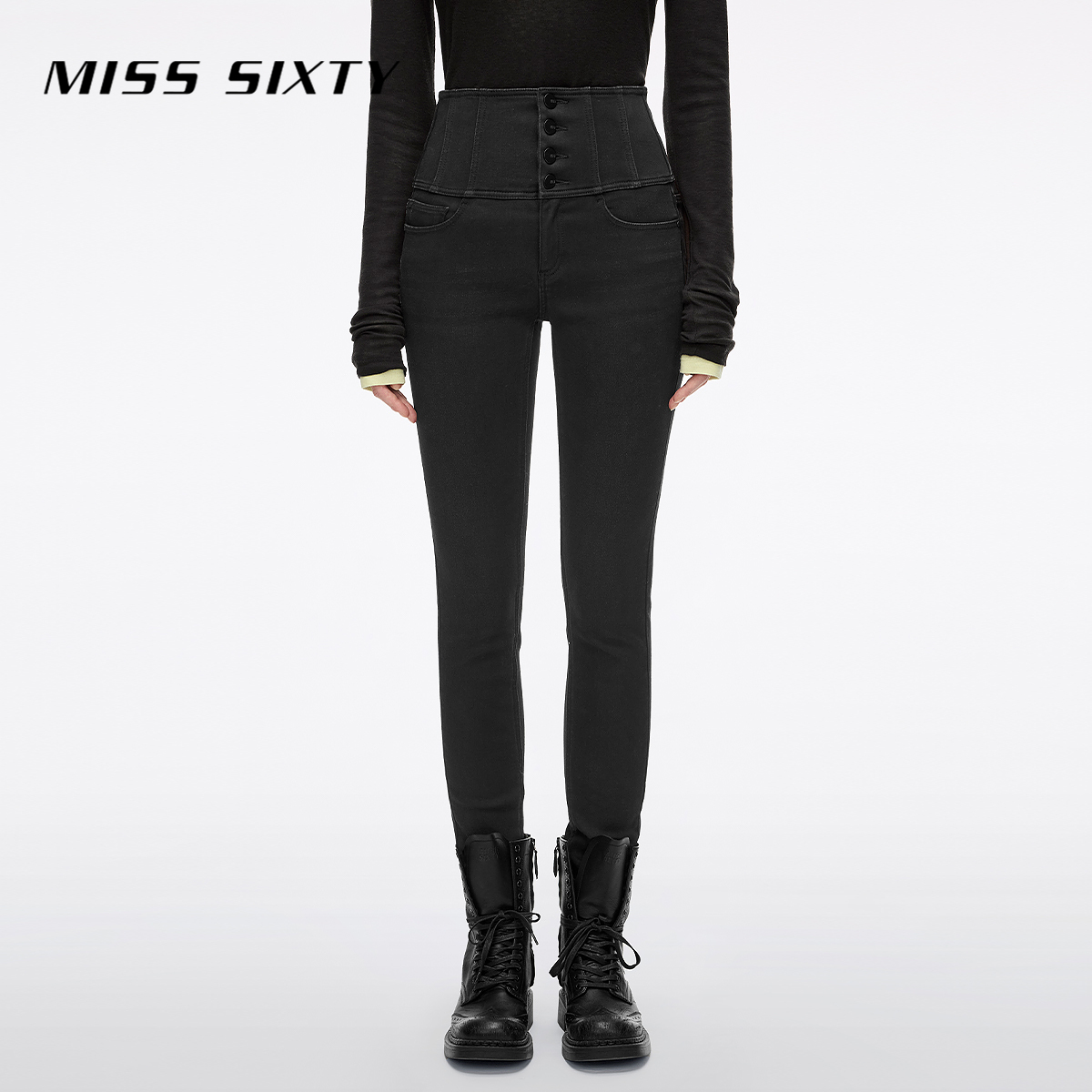 Miss Sixty2025冬季新款复合绒牛仔裤女四扣高腰紧身磨破小脚靴裤