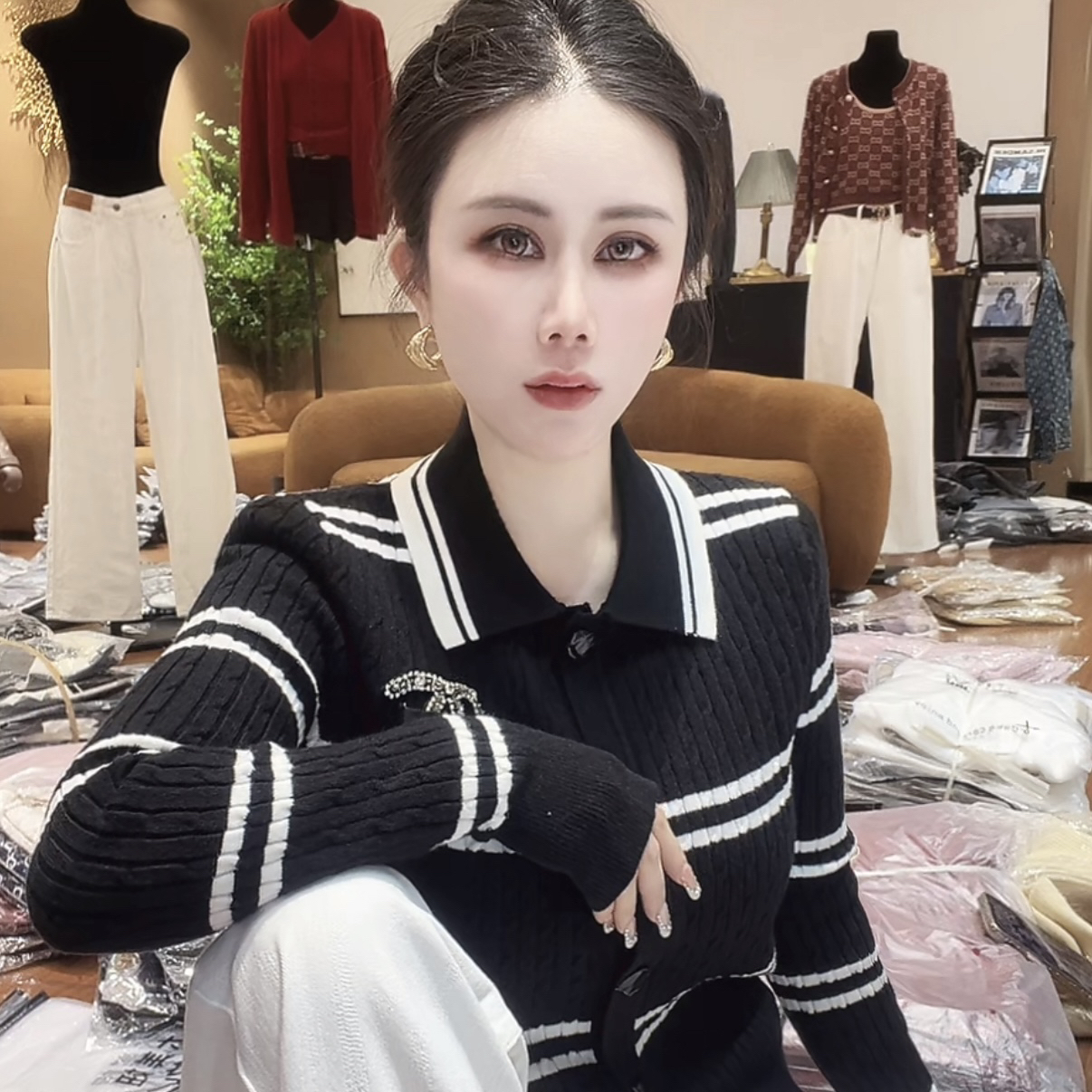 大美妞-VIP家•订制款条纹针织开衫上衣（8-057-6）