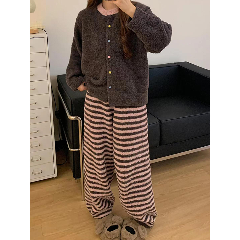复古撞色条纹针织半边绒睡衣女秋冬款毛衣加厚长裤保暖家居服套装